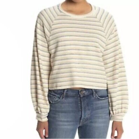 Lush Women’s Mustard Navy Striped Balloon Sleeve Sweatshirt Size Small - Picture 1 of 9